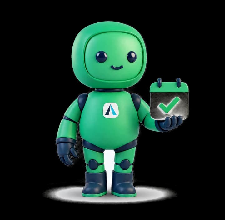 The Booker: a green robot mascot holding up a calendar card with a checkmark.