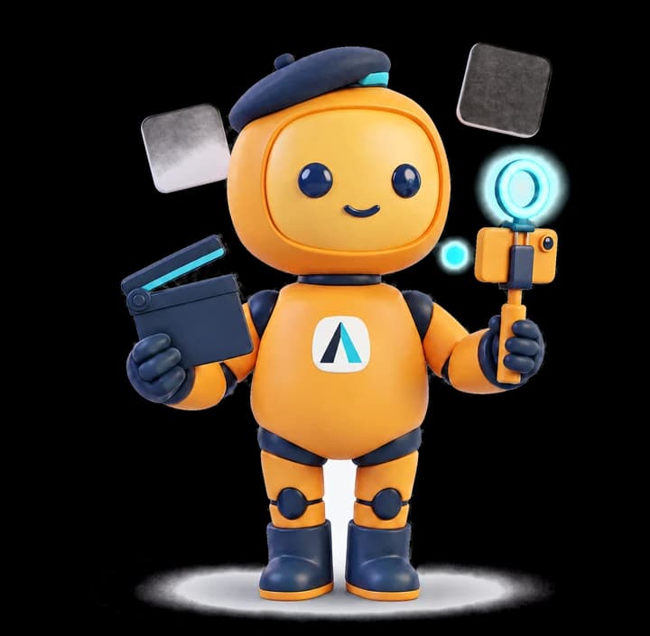 The Clone: an amber robot mascot in a beret, holding a clapperboard and a phone camera.